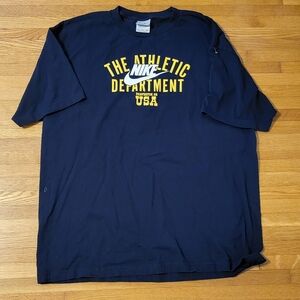 Nike Men's Dark Blue Athletic Tee with Yellow Print